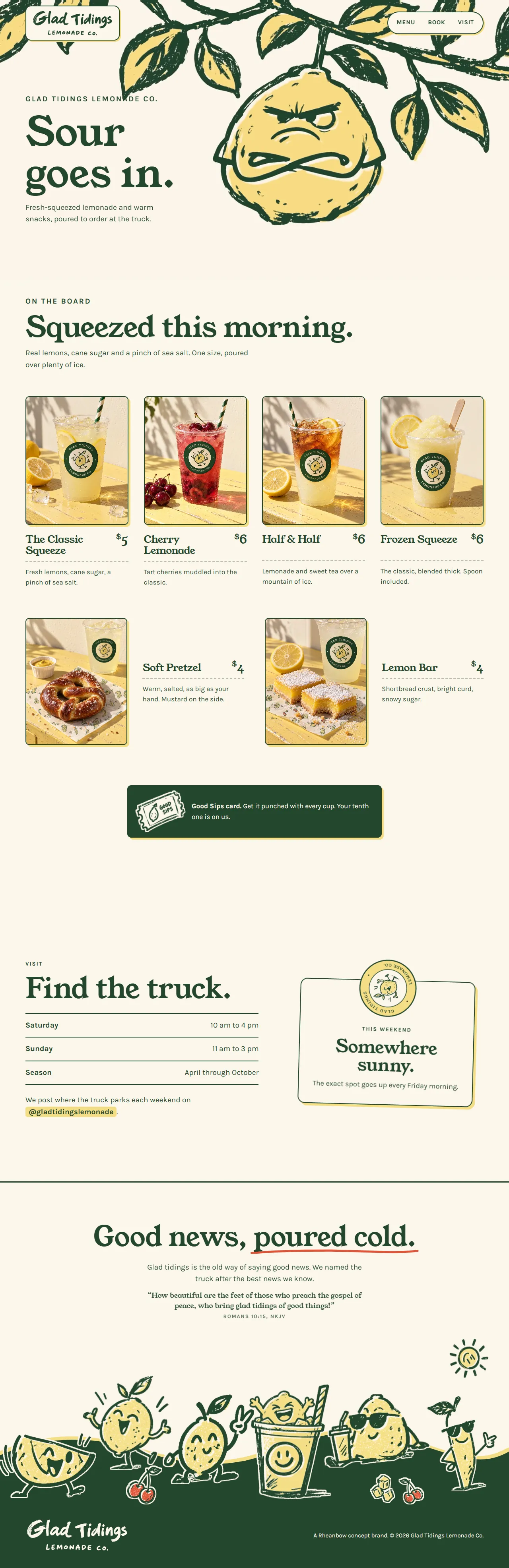 Glad Tidings Lemonade Co. homepage: a hand-drawn grumpy lemon beside the headline Sour goes in, then the menu and where to find the truck.