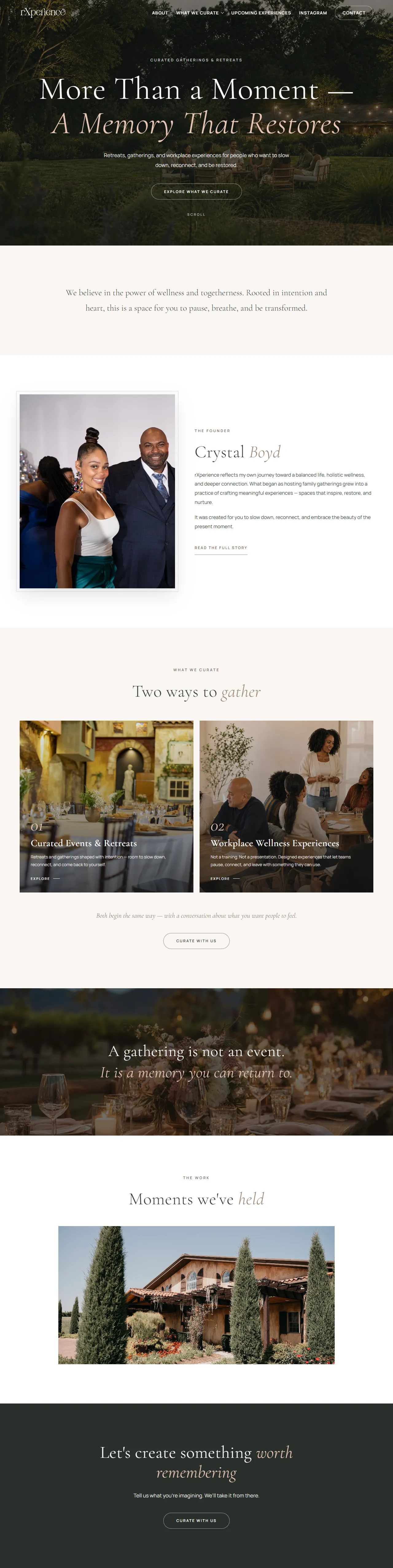 rXperience homepage: the headline More Than a Moment, A Memory That Restores over a garden gathering at dusk, then Crystal's story and her curated retreats.