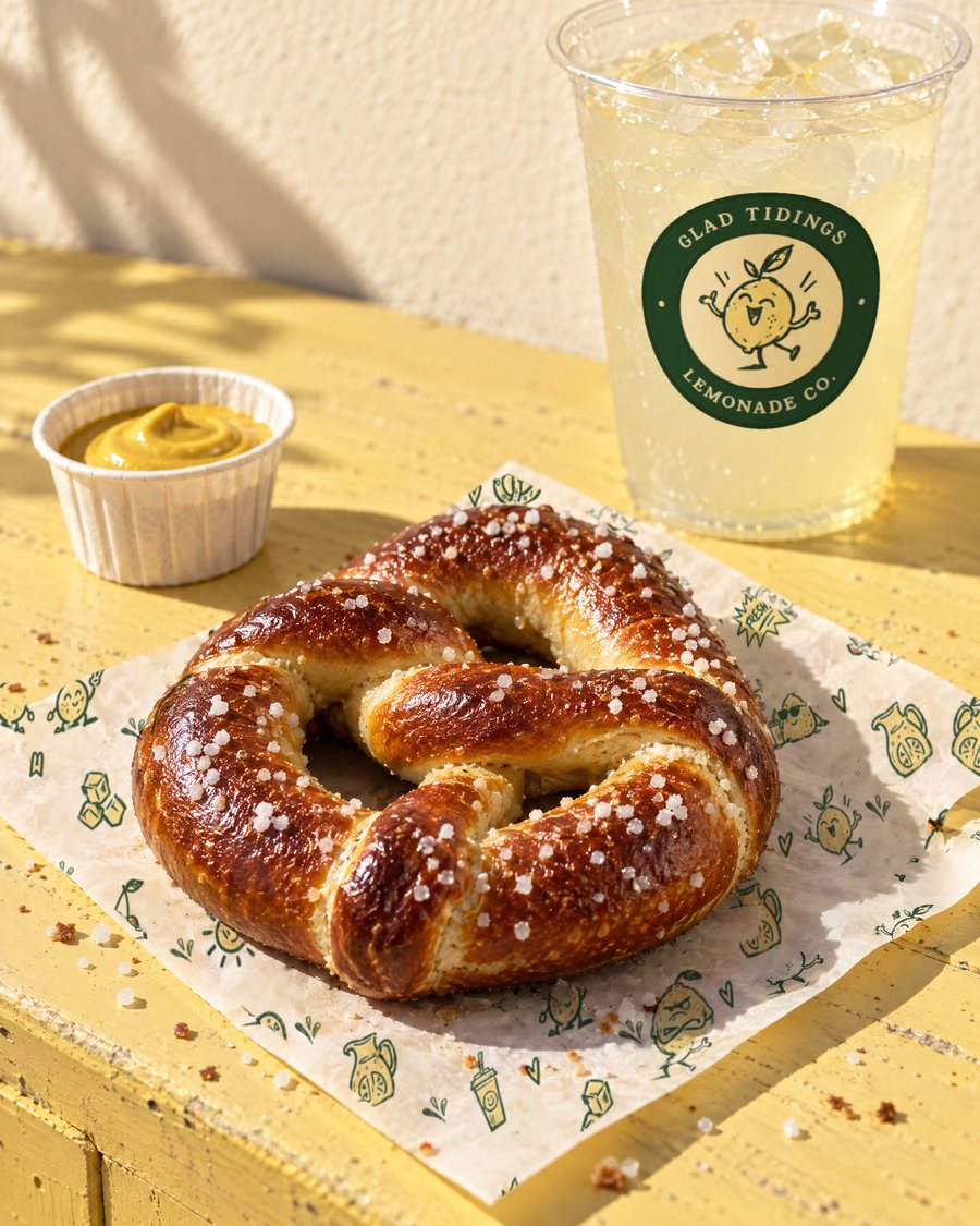 A warm salted soft pretzel on wax paper beside a cup of lemonade