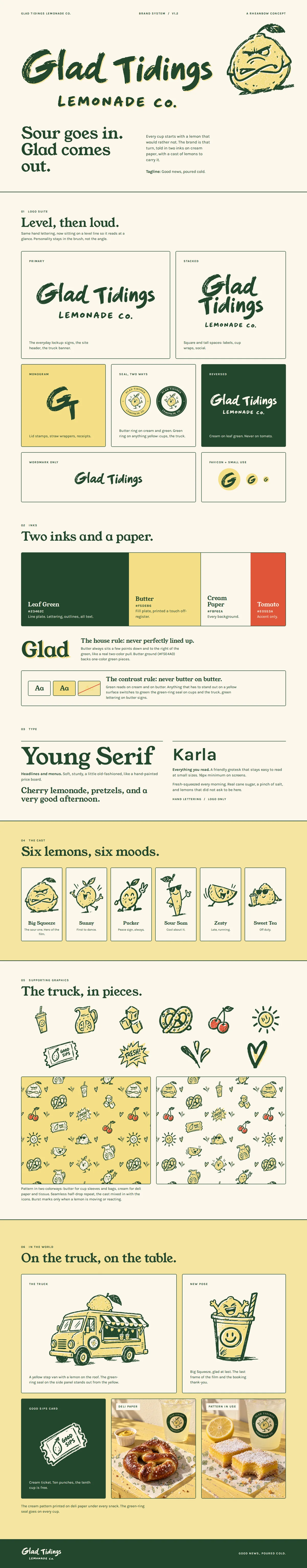 The Glad Tidings brand sheet showing the logo suite, colors, type, cast, supporting graphics, pattern and the brand in the world