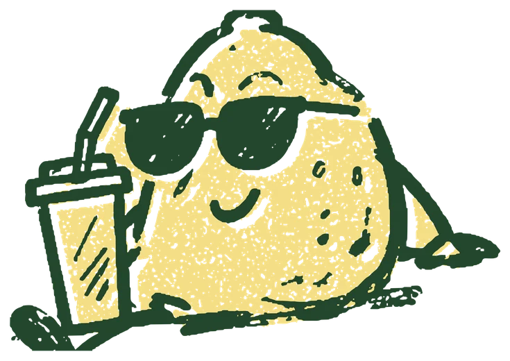 Sweet Tea, a lemon lounging in sunglasses with a cup