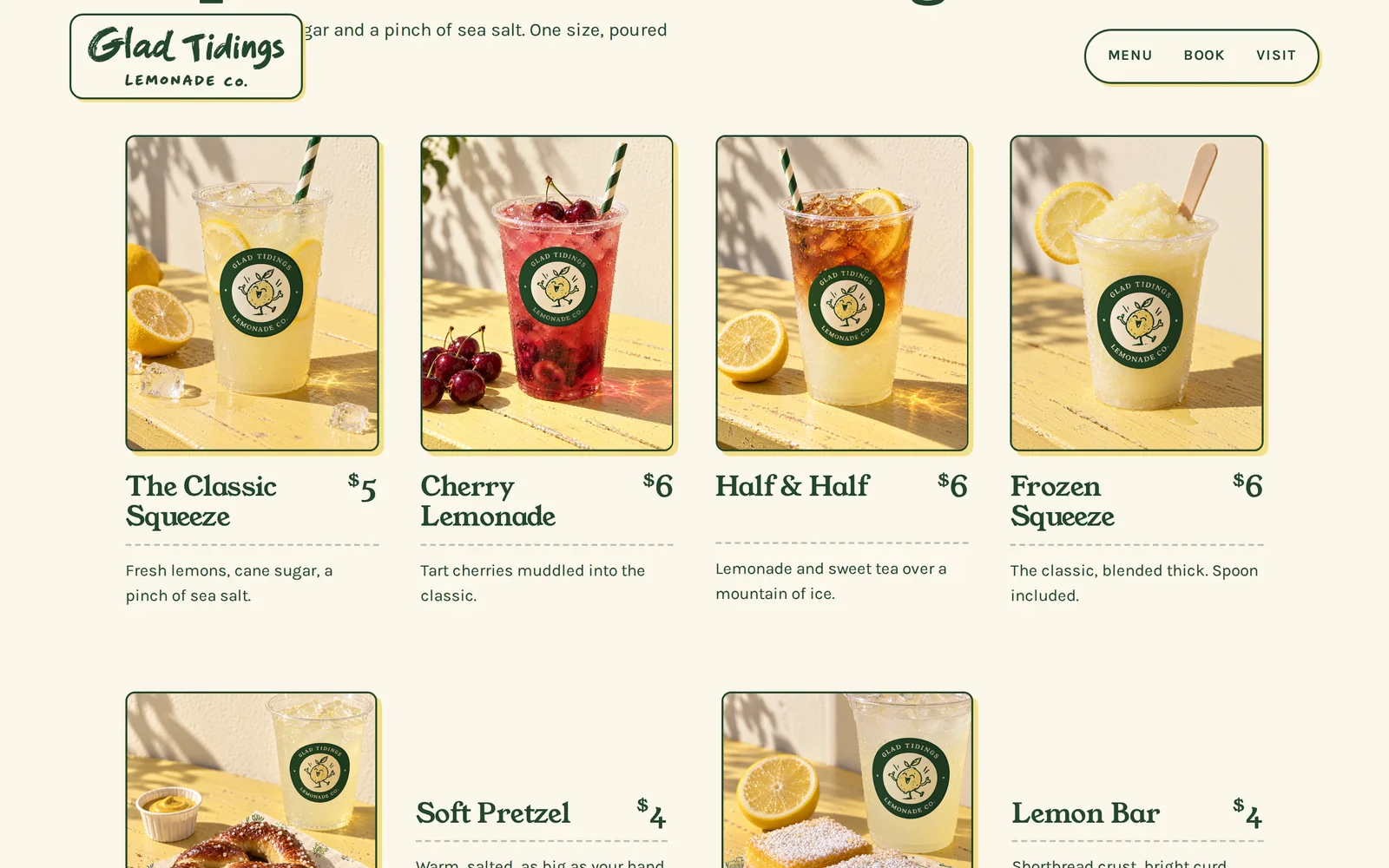 Menu section with four drink photos, names and prices