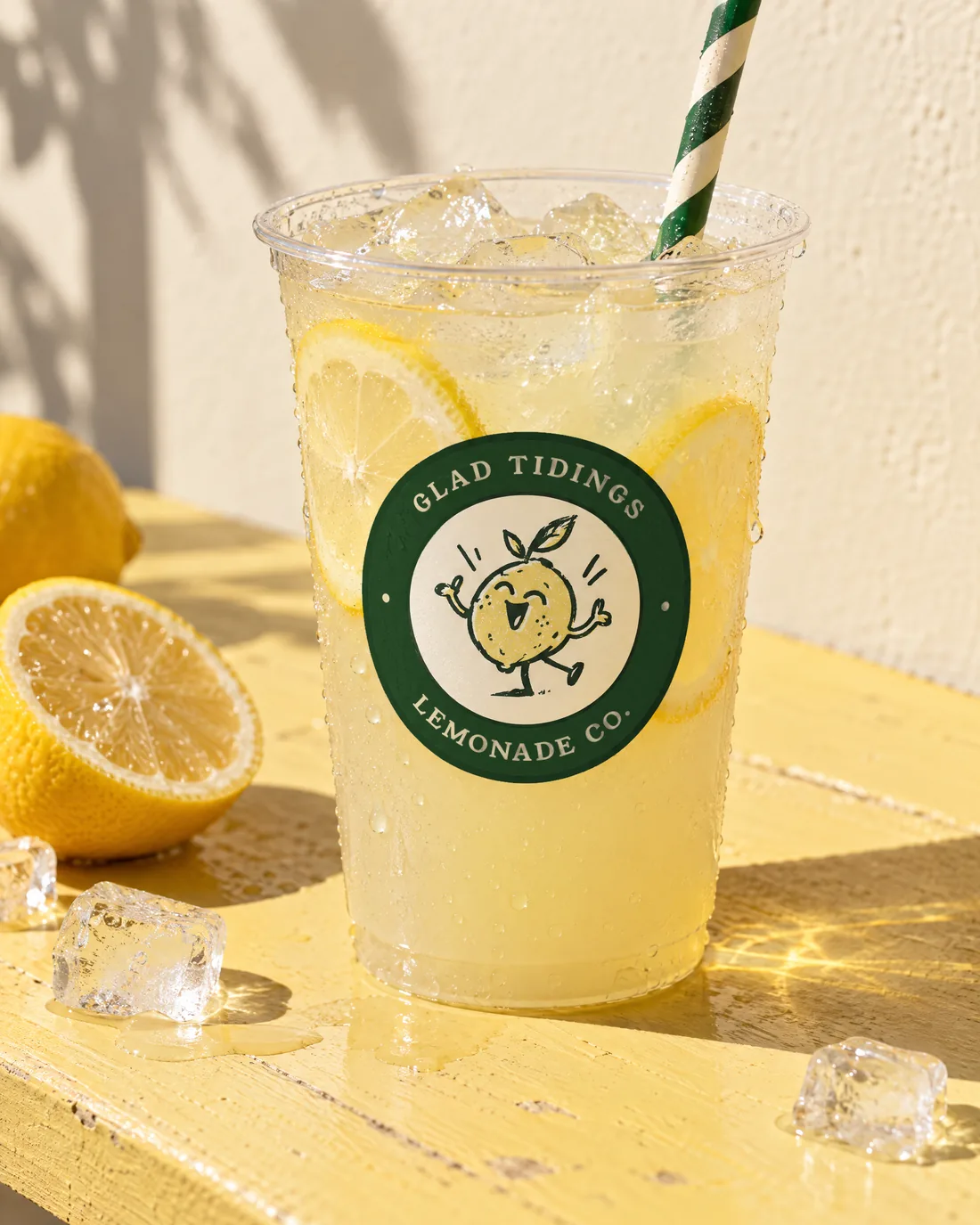 Classic lemonade with lemon wheels in a clear cup with the Glad Tidings seal