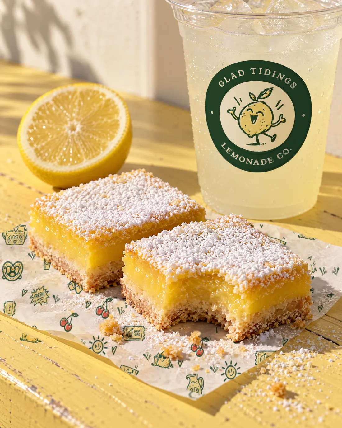 Powdered-sugar lemon bars on patterned paper
