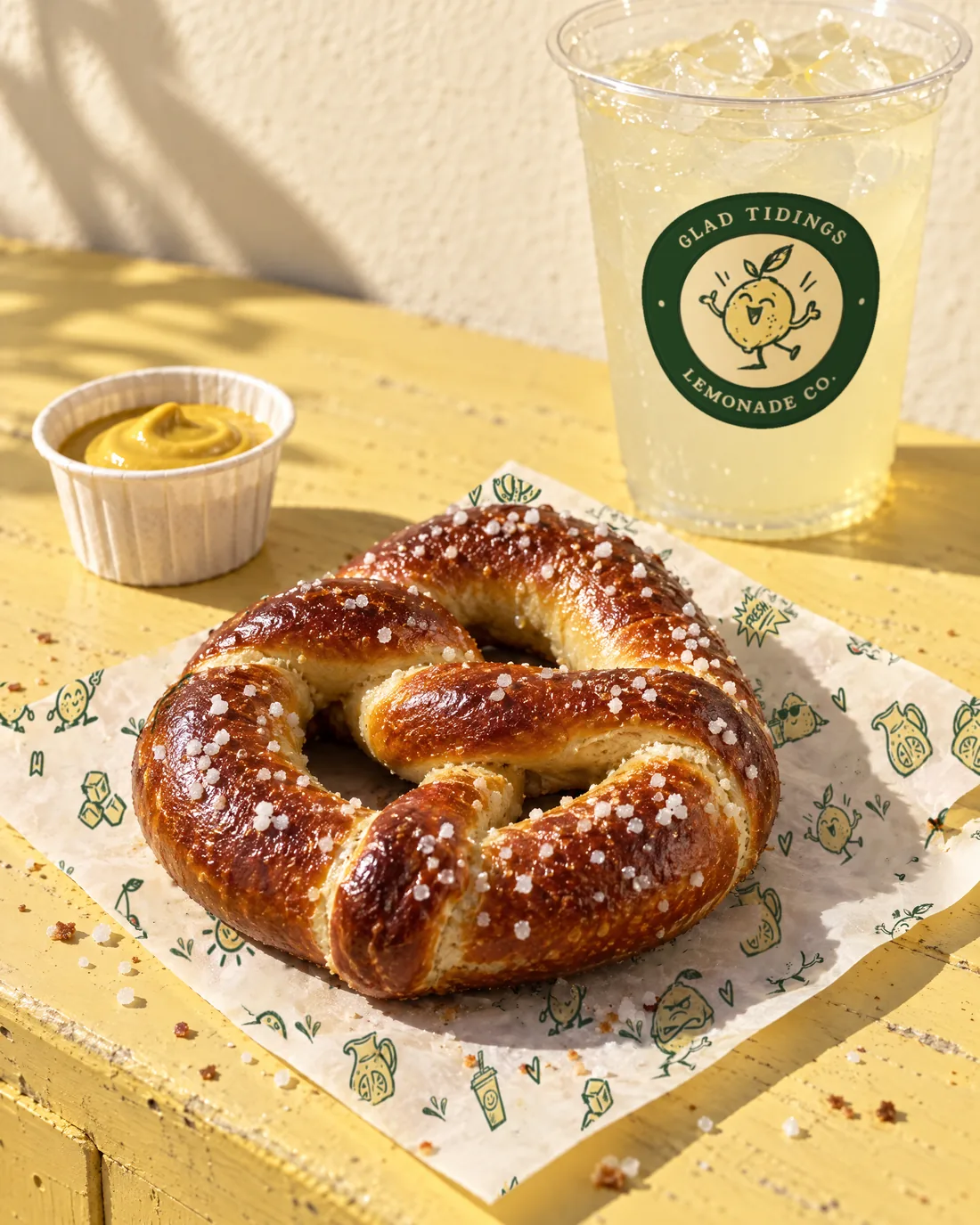 A salted soft pretzel on patterned wax paper beside a cup