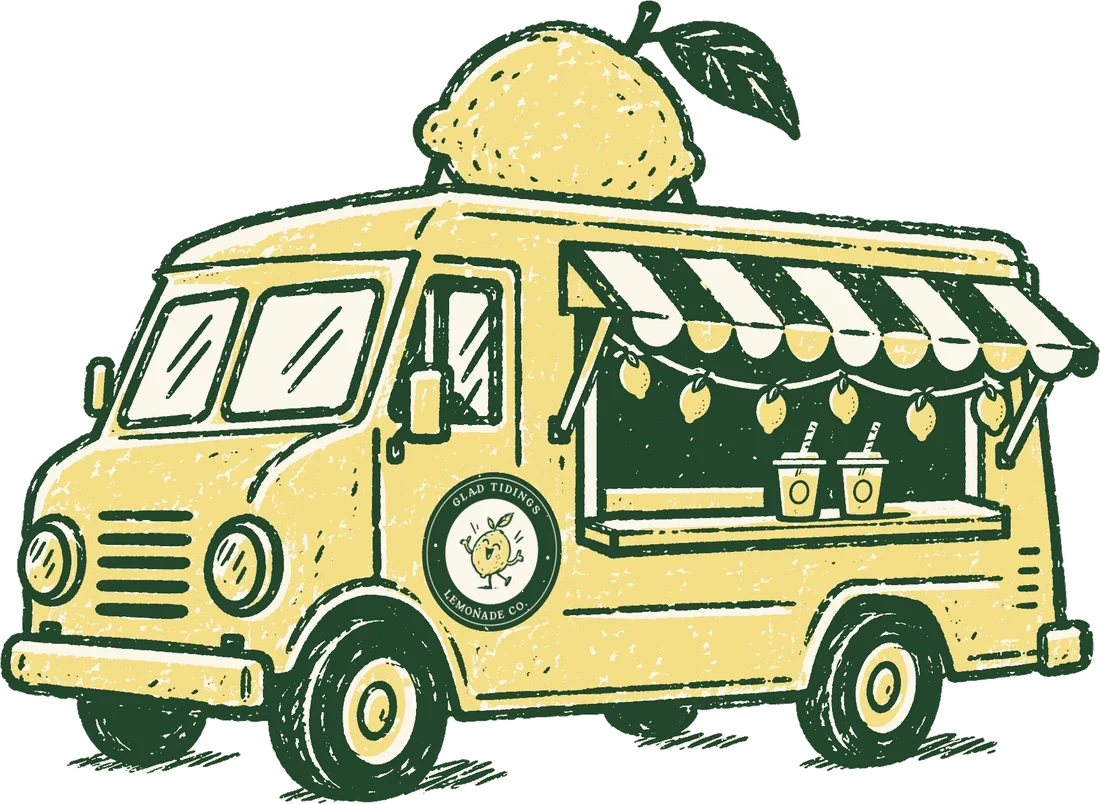 The Glad Tidings truck: a yellow step van with a giant lemon on the roof, a striped awning and the green-ring seal painted on the side